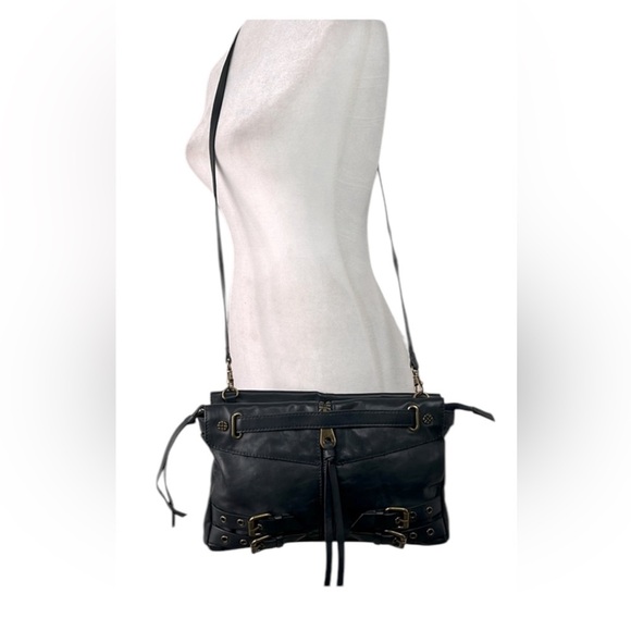 NWT JOELLE HAWKENS Nora Black Leather Buckle Crossbody Bag  Navy Blue - Picture 1 of 12